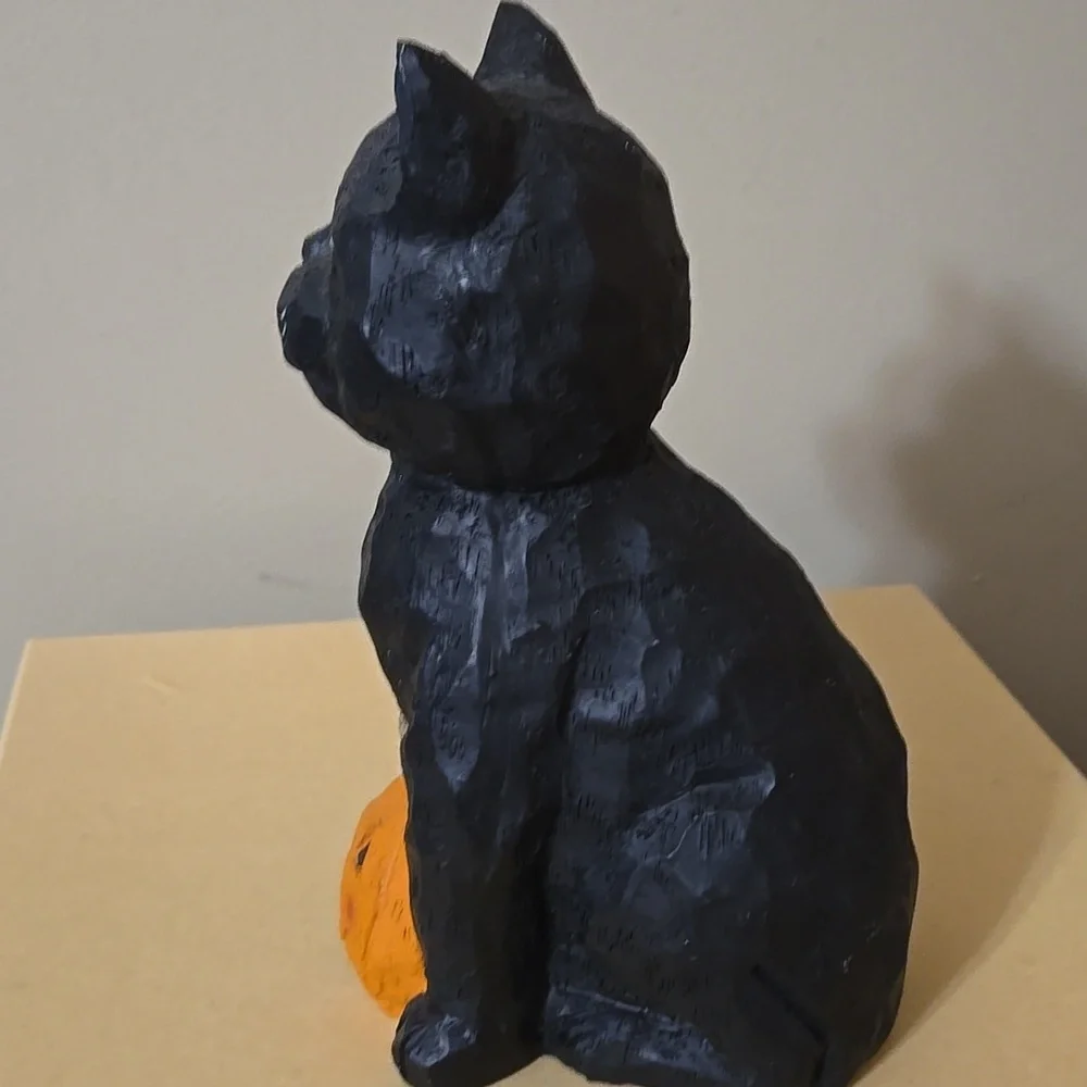 Halloween Black Cat Resin Figurine with Pumpkin 9 Inches